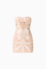 Orvella Embellished Mini Dress in White & Beige with sweetheart neckline & bodice boning ghost shot