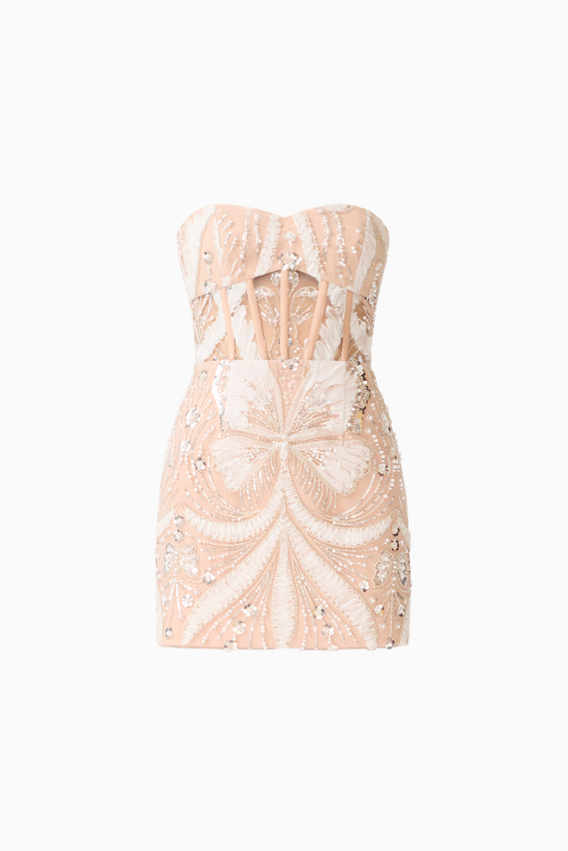 Orvella Embellished Strapless Mini Dress in White & Beige