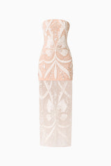 Orvella Embellished Maxi Dress in White & Beige with sheer column skirt ghost shot