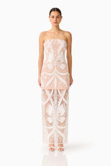 Orvella Embellished Maxi Dress in White & Beige with sheer column skirt front shot