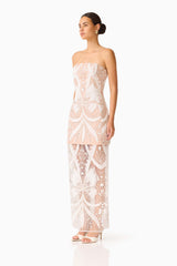 Orvella Embellished Maxi Dress in White & Beige with sheer column skirt side shot