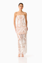 Orvella Embellished Maxi Dress in White & Beige with sheer column skirt posed shot