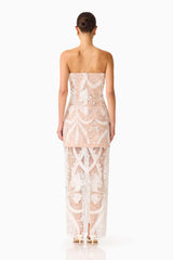 Orvella Embellished Maxi Dress in White & Beige with sheer column skirt & back zipper back shot