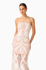 Orvella Embellished Maxi Dress in White & Beige with sheer column skirt close up shot