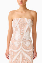 Orvella Embellished Maxi Dress in White & Beige with sheer column skirt detail shot