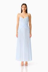 Florencea Drop Waist Maxi Dress in Powder Blue with draped tuck detailing front shot