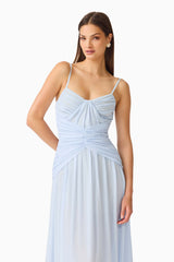 Florencea Drop Waist Maxi Dress in Powder Blue with draped tuck detailing close up shot