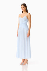 Florencea Drop Waist Maxi Dress in Powder Blue with draped tuck detailing side shot