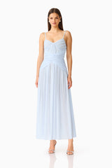 Florencea Drop Waist Maxi Dress in Powder Blue with draped tuck detailing posed shot