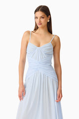 Florencea Drop Waist Maxi Dress in Powder Blue with draped tuck detailing close up shot
