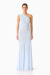 Florencea One Shoulder Gown in Powder Blue with mesh fabrication front shot