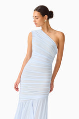 Florencea One Shoulder Gown in Powder Blue with mesh fabrication close up shot
