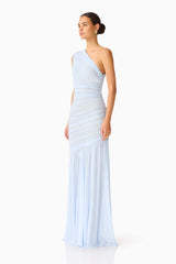 Florencea One Shoulder Gown in Powder Blue with mesh fabrication side shot