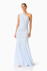 Florencea One Shoulder Gown in Powder Blue with mesh fabrication posed leaning shot