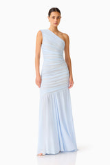 Florencea One Shoulder Gown in Powder Blue with mesh fabrication posed shot