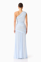 Florencea One Shoulder Gown in Powder Blue with open back back shot