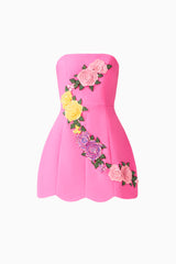Laurentia Tulip Mini Dress in Fuchsia Pink with strapless neckline & floral embroidered trim ghost shot