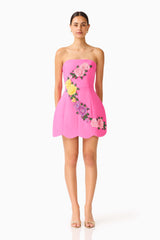 Laurentia Tulip Mini Dress in Fuchsia Pink with strapless neckline & floral embroidered trim front shot
