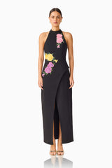 Laurentia Maxi Gown in Fuchsia Black with collared halter neckline and asymmetric peplum detail front shot