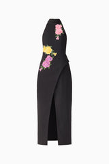 Laurentia Maxi Gown in Fuchsia Black with collared halter neckline and asymmetric peplum detail ghost shot