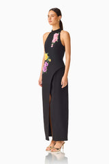 Laurentia Maxi Gown in Fuchsia Black with collared halter neckline and asymmetric peplum detail side shot
