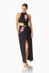 Laurentia Maxi Gown in Fuchsia Black with collared halter neckline and asymmetric peplum detail posed shot