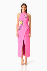 Laurentia Halter Maxi Dress in Fuchsia Pink with front slit & floral embroidered detailing front shot