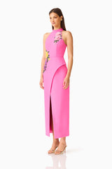 Laurentia Halter Maxi Dress in Fuchsia Pink with front slit & floral embroidered detailing side shot
