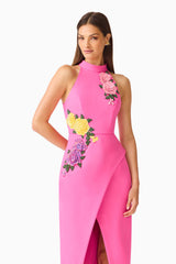 Laurentia Halter Maxi Dress in Fuchsia Pink with front slit & floral embroidered detailing close up shot