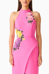 Laurentia Halter Maxi Dress in Fuchsia Pink with front slit & floral embroidered detailing detail shot
