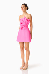 Laurentia Floral Applique Mini Dress in Fuchsia Pink with 3D Floral Detail Side Shot