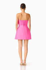 Laurentia Floral Applique Mini Dress in Fuchsia Pink with Invisible Zipper and Back Shirring Back Shot