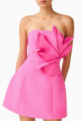 Laurentia Floral Applique Mini Dress in Fuchsia Pink with 3D Floral Detail Close Up Shot
