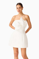 Laurentia Floral Applqiue Mini Dress in White with 3D Floral Detail & strapless neckline close up Shot