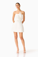 Laurentia Floral Applqiue Mini Dress in White with 3D Floral Detail & strapless neckline posed Shot