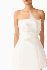 Laurentia Floral Applqiue Mini Dress in White with 3D Floral Detail & strapless neckline close up Shot