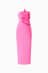 Laurentia Column Midi Dress in Fuchsia Pink with 3D Floral Detail Ghost Shot