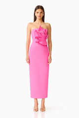 Laurentia Column Midi Dress in Fuchsia Pink with 3D Floral Detail Front Shot