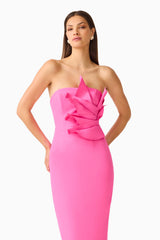 Laurentia Column Midi Dress in Fuchsia Pink with 3D Floral Detail Posed Closed Up Shot