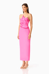 Laurentia Column Midi Dress in Fuchsia Pink with 3D Floral Detail Side Shot