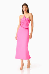 Laurentia Column Midi Dress in Fuchsia Pink with 3D Floral Detail Posed Shot