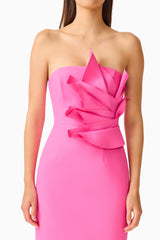 Laurentia Column Midi Dress in Fuchsia Pink with 3D Floral Detail Close Up Detail Shot