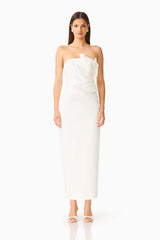 Laurentia Column Midi Dress in White with 3D Floral Detail Front Shot