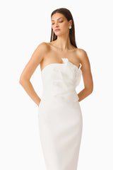 Laurentia Column Midi Dress in White with 3D Floral Detail Posed Close Up Shot