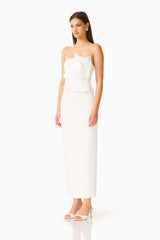 Laurentia Column Midi Dress in White with 3D Floral Detail Side Shot