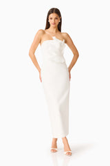 Laurentia Column Midi Dress in White with 3D Floral Detail Posed Shot