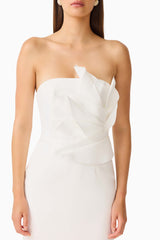 Laurentia Column Midi Dress in White with 3D Floral Detail Close Up Detail Shot