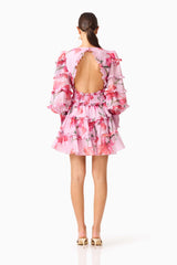Fleuris Long Sleeve Mini Dress in Pink Floral with ruffle detailing & printed georgette fabrication & open back back shot
