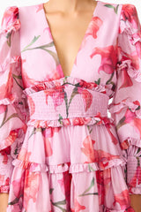 Fleuris Long Sleeve Mini Dress in Pink Floral with ruffle detailing & printed georgette fabrication detail shot