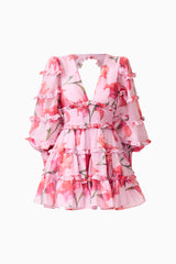 Fleuris Long Sleeve Mini Dress in Pink Floral with ruffle detailing & printed georgette fabrication ghost shot